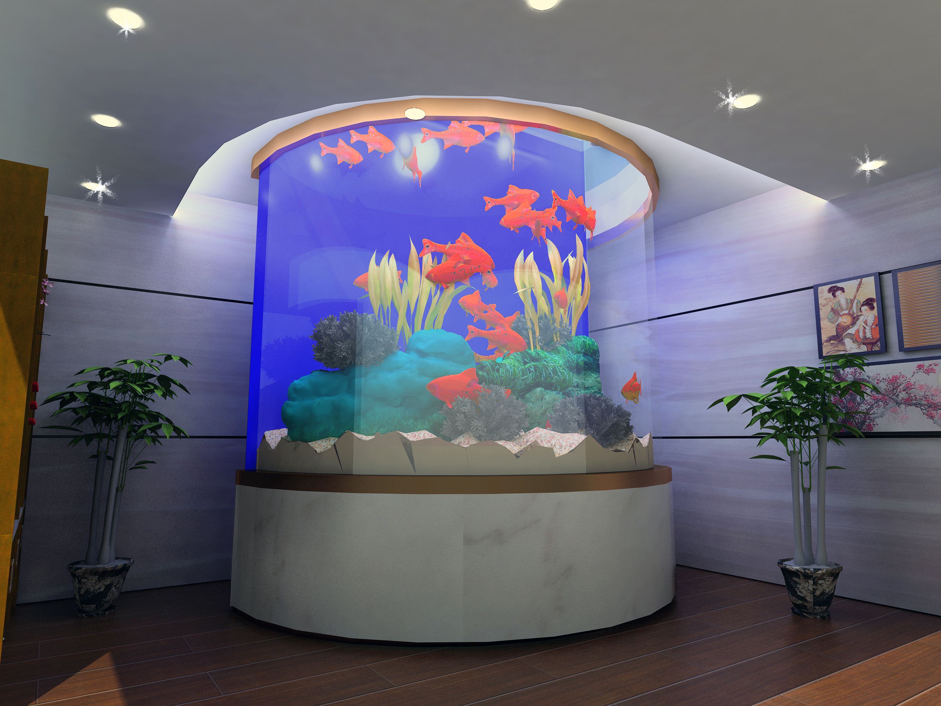 欧式家庭餐厅屏风式鱼缸玄关鱼缸装修效果图_别墅设计图